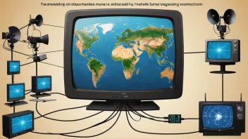 Et bilde som viser de forskjellige metodene for fjernsynskringkasting, inkludert satellitt, kabel og terrestrisk overføring.