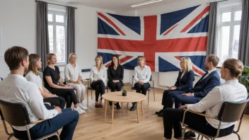 En gruppe terapeuter i en støttende setting, med et norsk flagg i bakgrunnen.