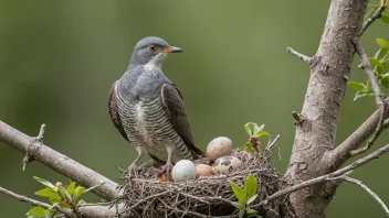 En ung gjøk fugl sittende på en gren, med noen egg i bakgrunnen, i et reir av en annen fugleart.