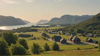 Et pittoreskt norsk landskap med en liten bosetning i det fjerne.