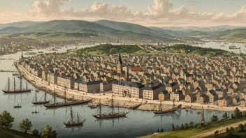 En historisk illustrasjon av byen Kristiania, nå kjent som Oslo, på 1800-tallet.