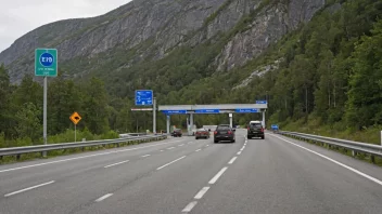 En bomvei i Norge med en bomstasjon og et skilt som viser bompengen.