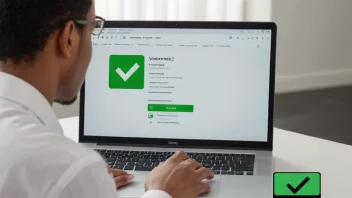 En person som bekrefter informasjon på en dataskjerm med en grønn hake i hjørnet, noe som indikerer at informasjonen er korrekt.