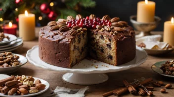 En deilig norsk julekake, dekorert med rød og grønn glasur og sprinkler, plassert på et julebord med lys og granbar.