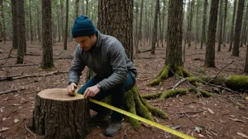 En person måler diameteren på en trestamme i en skog.