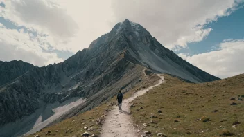 En person står foran et fjell, med en tydelig sti som fører til toppen.