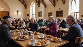 En menighetssal i en kirke fylt med mennesker som sosialiserer og nyter forfriskninger.