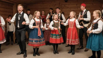 En tradisjonell norsk leikarring med mennesker i alle aldre som danser og synger sammen.