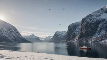 Et fredelig vinterlandskap av en norsk fjord med en liten fiskebåt