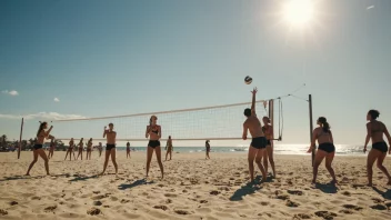 En gruppe mennesker som spiller volleyball på en strand med en solfylt himmel