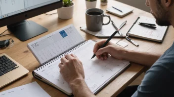 En person som arbeider på en datamaskin med en notatbok og penn ved siden av seg, med en kalender eller planlegger i bakgrunnen.