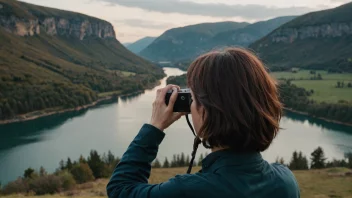 En person tar et bilde med et kamera, med et vakkert landskap i bakgrunnen.