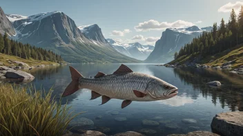 Et bilde av en Agnora-fisk som svømmer i en norsk innsjø, omgitt av fjell og trær.