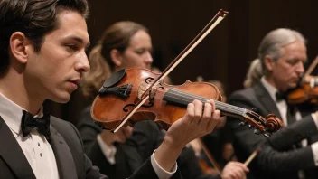 En musiker som spiller annenfiolin i et orkester, med resten av musikerne i bakgrunnen.