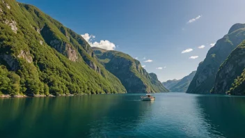 En fredelig og idyllisk scene av en norsk fjord med en liten båt forankret i en avsidesliggende vik.