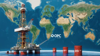 Et bilde som representerer OPECs oljeproduksjon, med en oljeplattform og OPEC-logoen fremtredende.