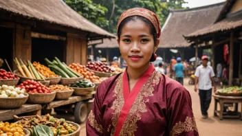 En person fra Indonesia, smiler og har på seg tradisjonelle klær, med en tempel i bakgrunnen.