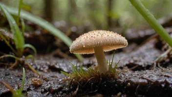 En liten, sopp-lignende organisme med en rund hatt og en kort stilk.