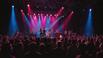 Et konsertscener med et band som spiller på scenen, omgitt av et levende publikum.