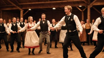 En gruppe mennesker danser kappleik i en tradisjonell norsk setting.