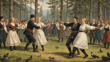 En illustrasjon av en tradisjonell norsk dans og leikk, med mennesker kledd i tradisjonelle klær, som danser og leker i et naturlig miljø.