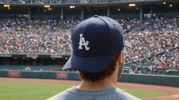 En person som bærer en baseballue med en buet skjerm, med en baseballstadion i bakgrunnen.