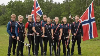 En gruppe bueskyttere fra et norsk bueskytterforbund, som står sammen og holder sine buer og piler.