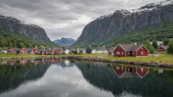 Et pittoreskt norsk landskap med en historisk kirke eller bygning som symboliserer den kulturelle betydningen av 'kjervinga'.