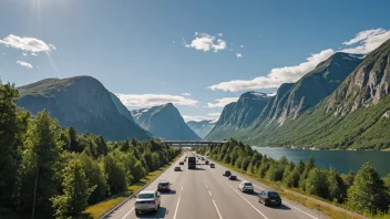 En travel vei i Norge under sommeren med kjøretøy og turister.