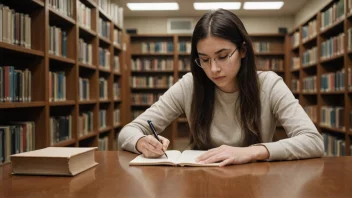 Et bilde av en person som skriver en enkelt historie, med en fokusert narrativ struktur, i et stille bibliotek eller studierom.