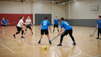 En gruppe mennesker som spiller innebandy i en innendørs idrettshall.