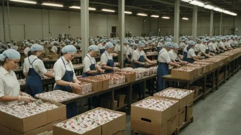 En konservefabrikk med arbeidere som pakker hermetisk mat i bokser.