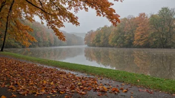 Et vakkert høstlandskap med løv som skifter farge, regn som faller fra himmelen, og en hint av vinter i bakgrunnen