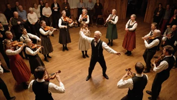 En gruppe mennesker danser en tradisjonell norsk folkedans, gammaldans, i en sirkel.