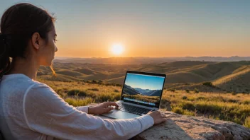 En person som jobber på en laptop med et vakkert, åpent landskap bak seg.