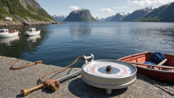 En tradisjonell norsk vekt-måleinstrument, loddestim, med en fiskebåt i bakgrunnen.