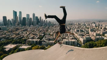 En person som utfører et vågalt stunt på en skateboard, med en uskarp bybakgrunn, som formidler en følelse av risiko og spenning