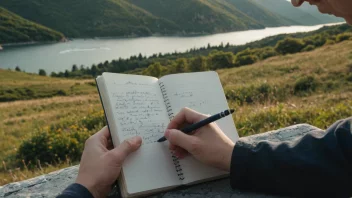 En person sitter på en stein og skriver i en notatbok, med et vakkert landskap bak seg.