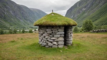 En liten, rustikk dyssa som står i en grønn eng, omgitt av trær og åser.