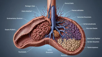 En illustrasjon av bukspyttkjertelen, som viser dens forskjellige deler og funksjoner.