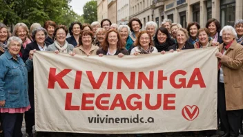 En gruppe kvinner fra ulike bakgrunner og aldre samlet sammen, smilende og diskuterende, med et banner eller skilt som leser 'Kvinneliga' i bakgrunnen.