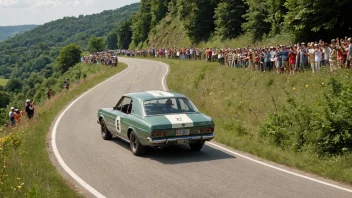 Et sommerrally med en bil som kjører på en svingete vei, omgitt av grønne trær og en blå himmel.