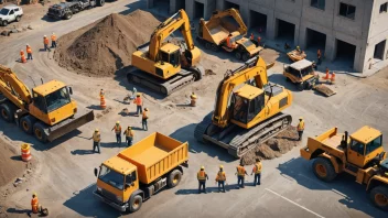 Et bilde av en veibygging med en stor gul gravemaskin, en gruppe arbeidere i oransje vester, og en haug asfalt i bakgrunnen.