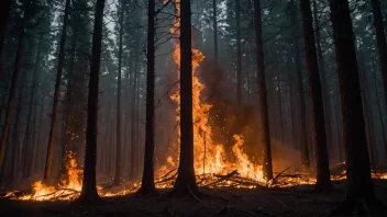 En stor ild som brenner i en mørk skog, med flammer som når høyt opp i luften og gnister som flyr overalt.