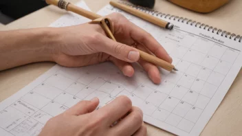 En person sitter i et rom med et musikkinstrument og øver. I bakgrunnen er det en kalender som viser en daglig rutine, noe som indikerer at personen øver hver dag.