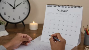 En person planlegger dagen sin med en kalender og klokke i bakgrunnen