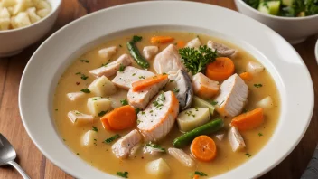 En tradisjonell norsk fiskesuppe laget med fisk, grønnsaker og krydder.