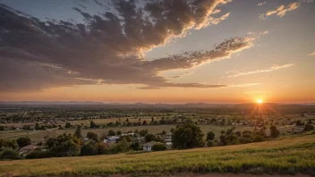 En vestlig region med en blanding av urbane og rurale områder, med en solnedgang i bakgrunnen.