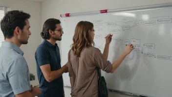 En gruppe mennesker som arbeider sammen, med en whiteboard i bakgrunnen som viser en flytdiagram over oppgaver og frister.