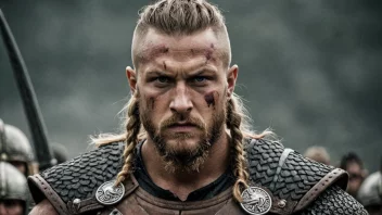 En vikingkriger med et sterkt og modig utseende, som representerer navnet Ragnar.